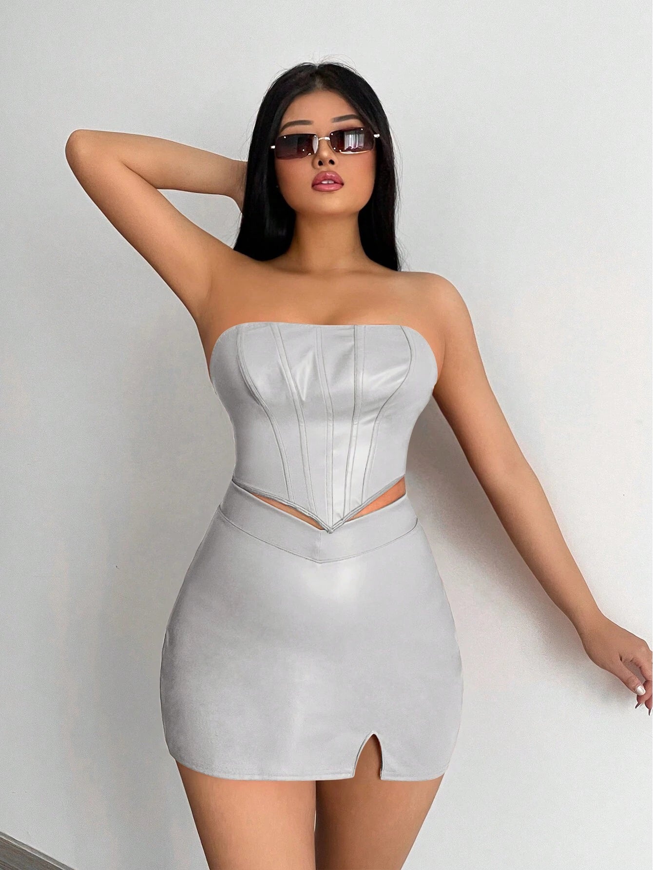 SXY Solid PU Leather Tube Top & Split Hem Skirt