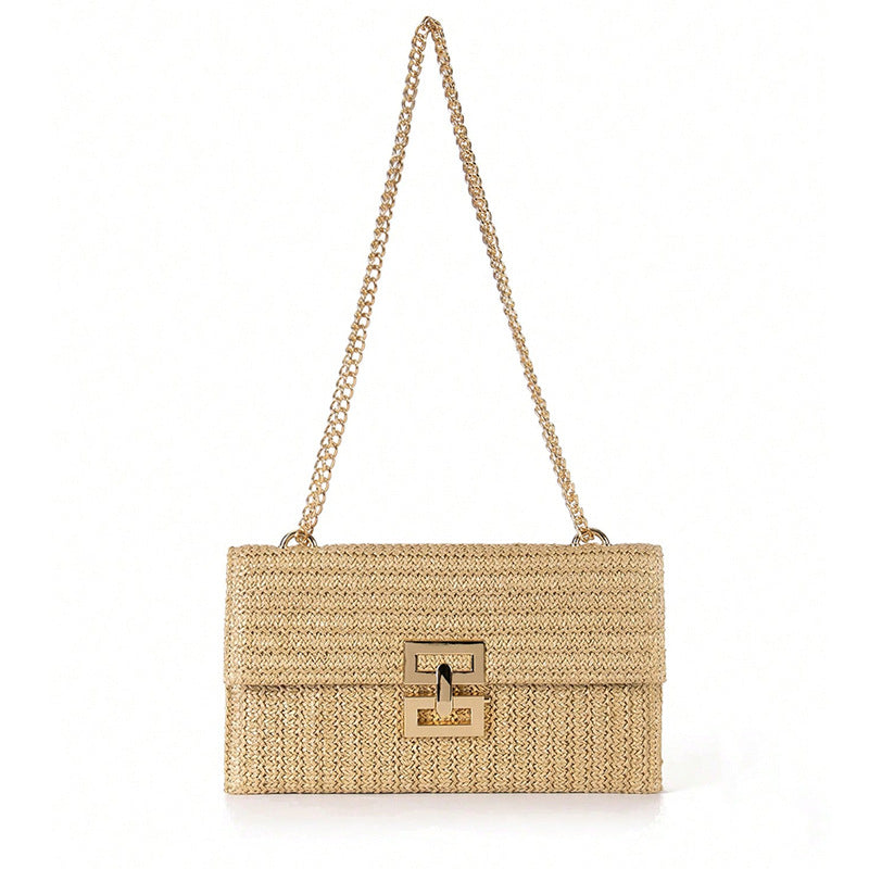 Bag Women'S Vacation Style Multi-Compartment Chain Flap Screw Lock Straw Bag