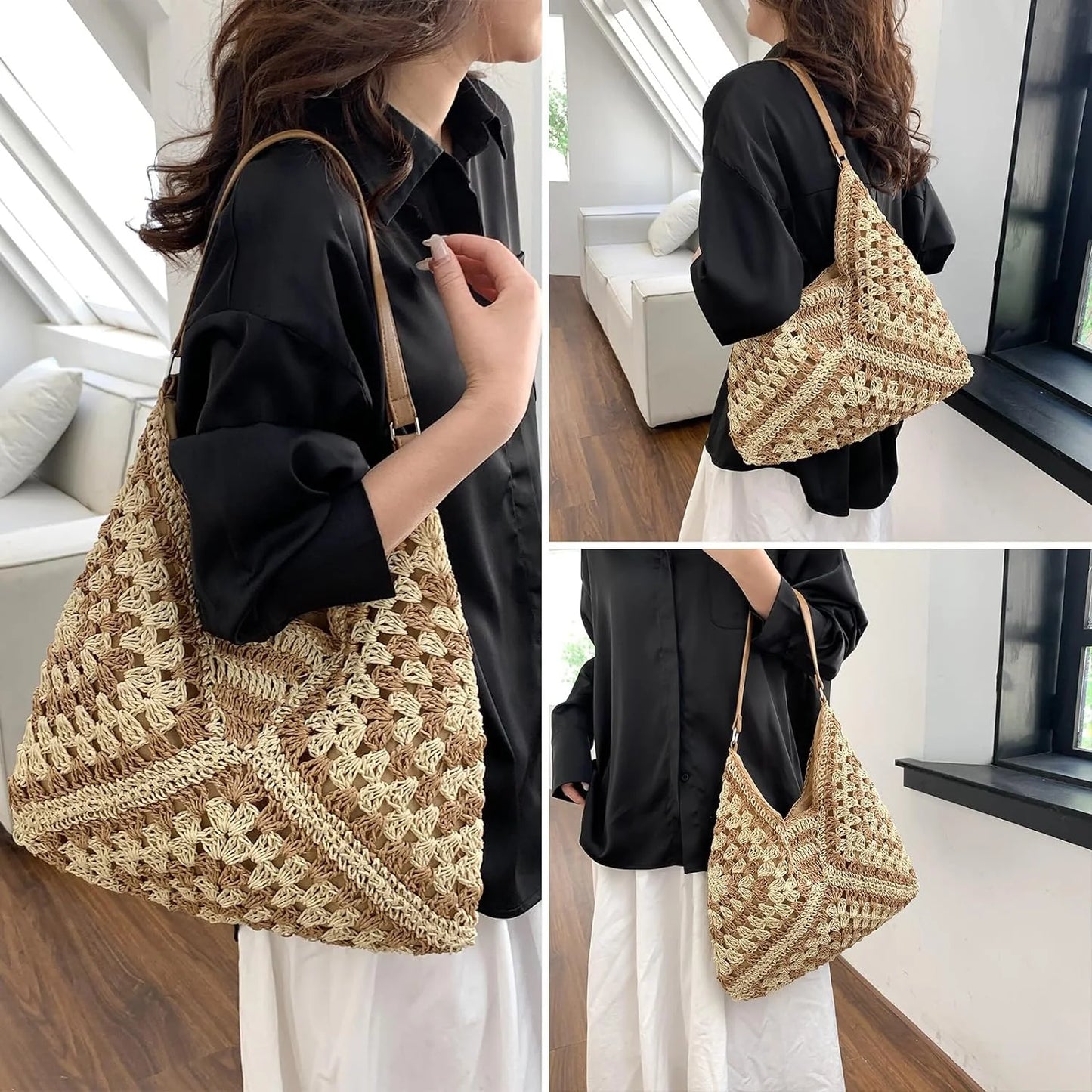 Straw Bags for Women, Summer Straw Purse Crochet Beach Bag Tote Bag Trendy Straw Shoulder Handbags