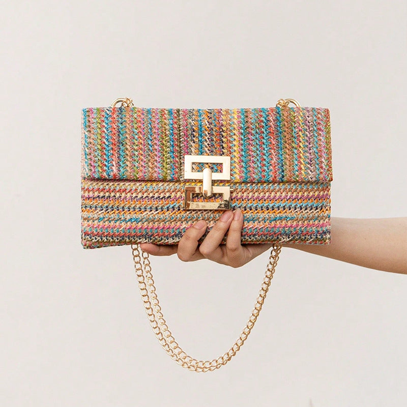 Bag Women'S Vacation Style Multi-Compartment Chain Flap Screw Lock Straw Bag