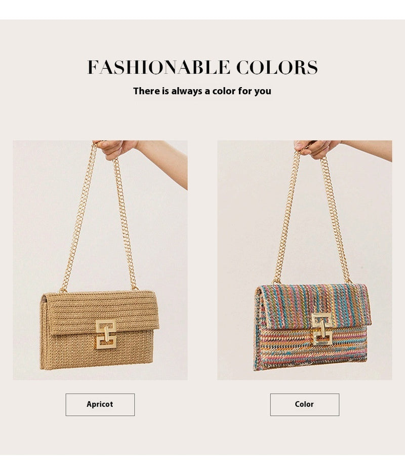 Bag Women'S Vacation Style Multi-Compartment Chain Flap Screw Lock Straw Bag