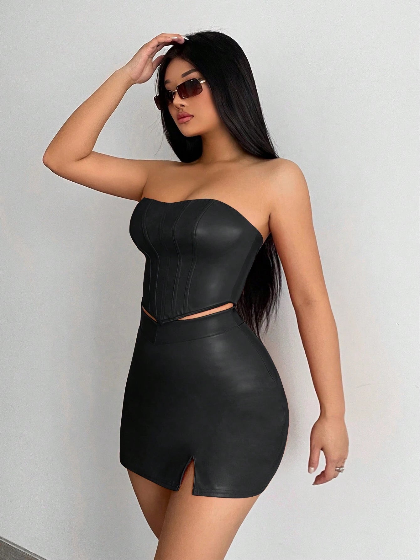 SXY Solid PU Leather Tube Top & Split Hem Skirt