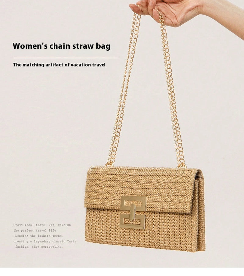 Bag Women'S Vacation Style Multi-Compartment Chain Flap Screw Lock Straw Bag