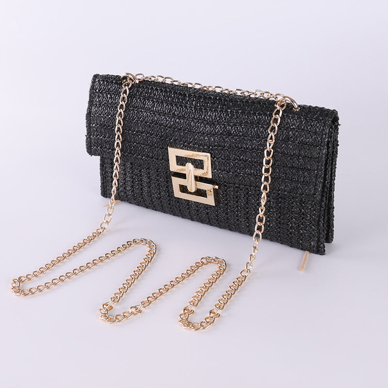 Bag Women'S Vacation Style Multi-Compartment Chain Flap Screw Lock Straw Bag