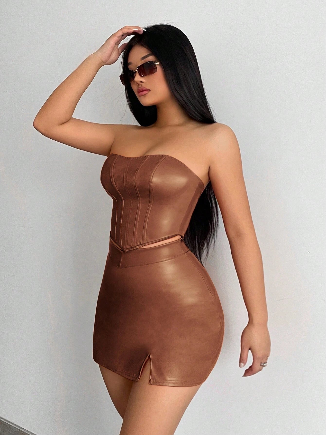 SXY Solid PU Leather Tube Top & Split Hem Skirt