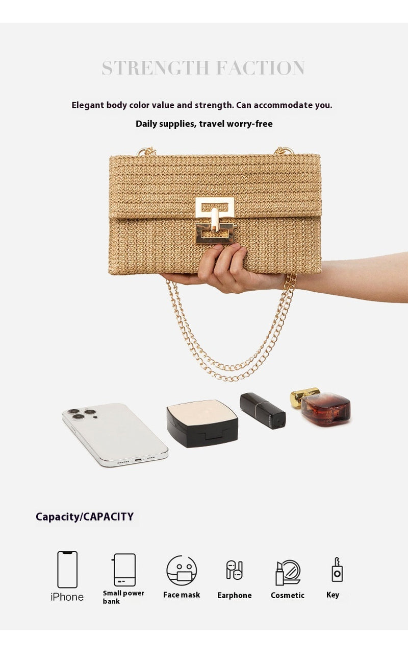 Bag Women'S Vacation Style Multi-Compartment Chain Flap Screw Lock Straw Bag