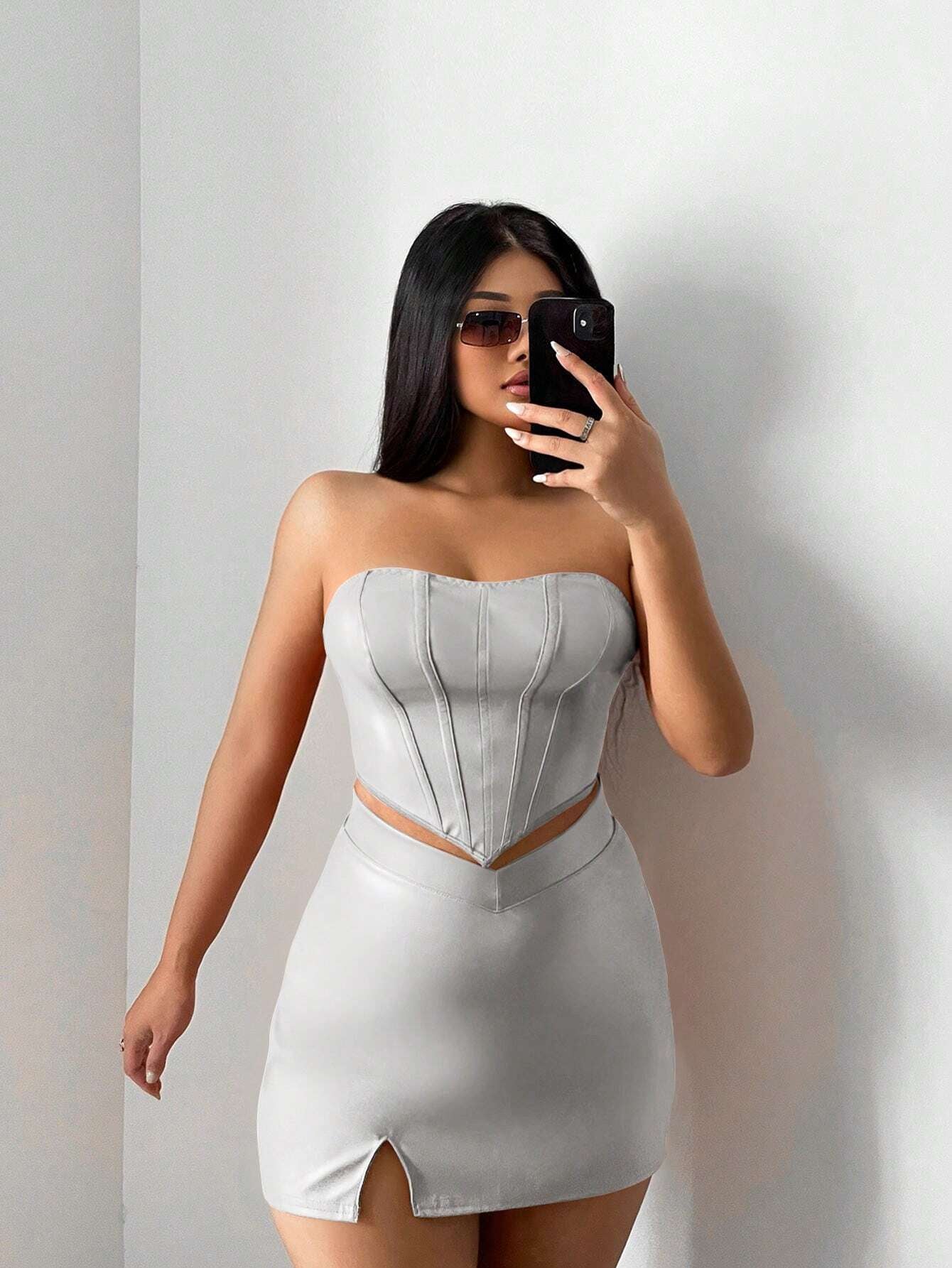 SXY Solid PU Leather Tube Top & Split Hem Skirt