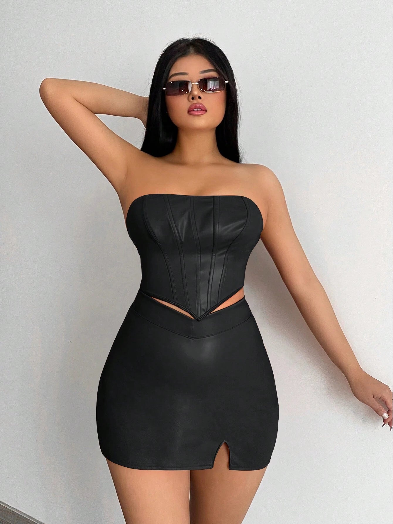 SXY Solid PU Leather Tube Top & Split Hem Skirt