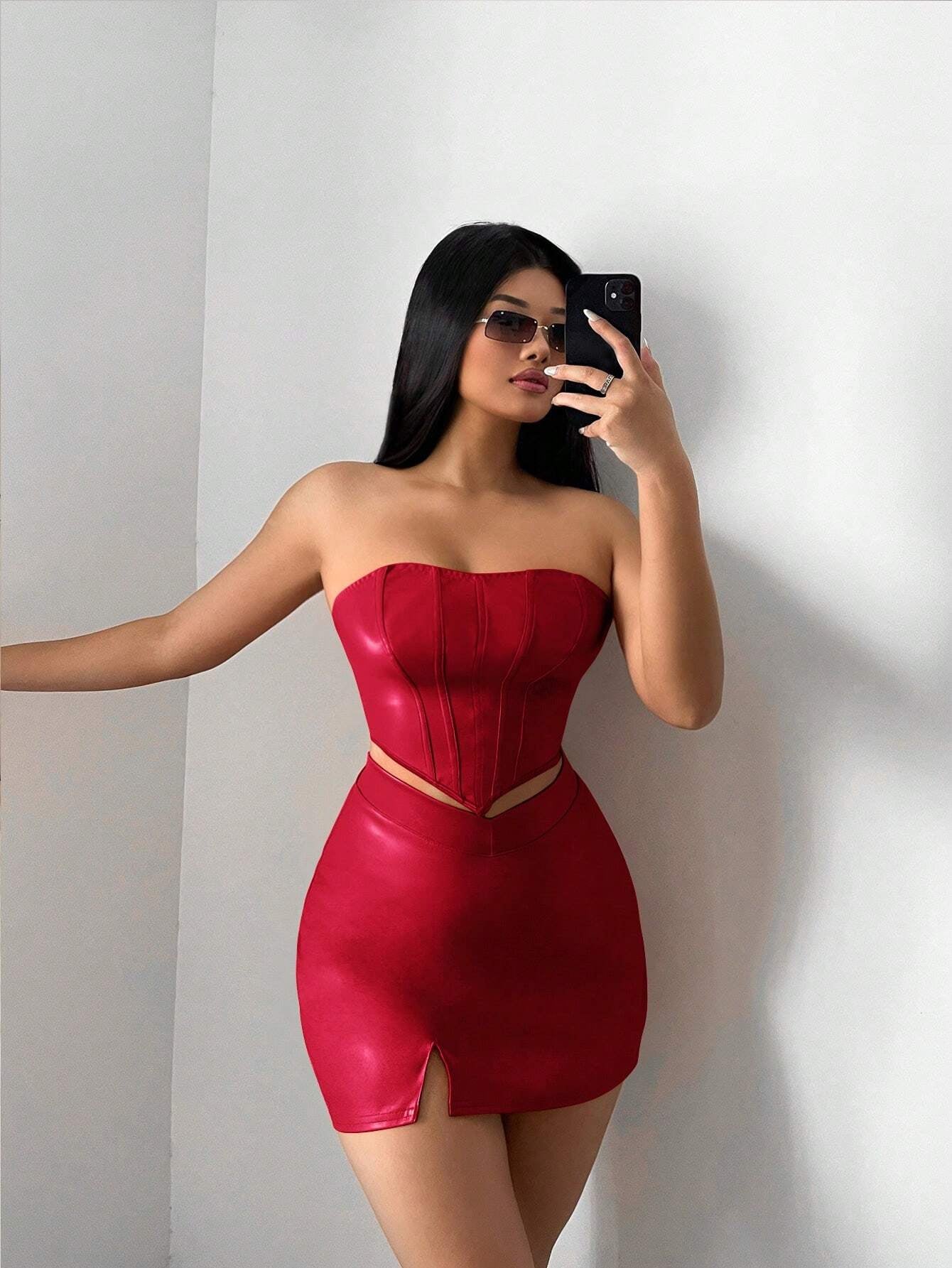 SXY Solid PU Leather Tube Top & Split Hem Skirt