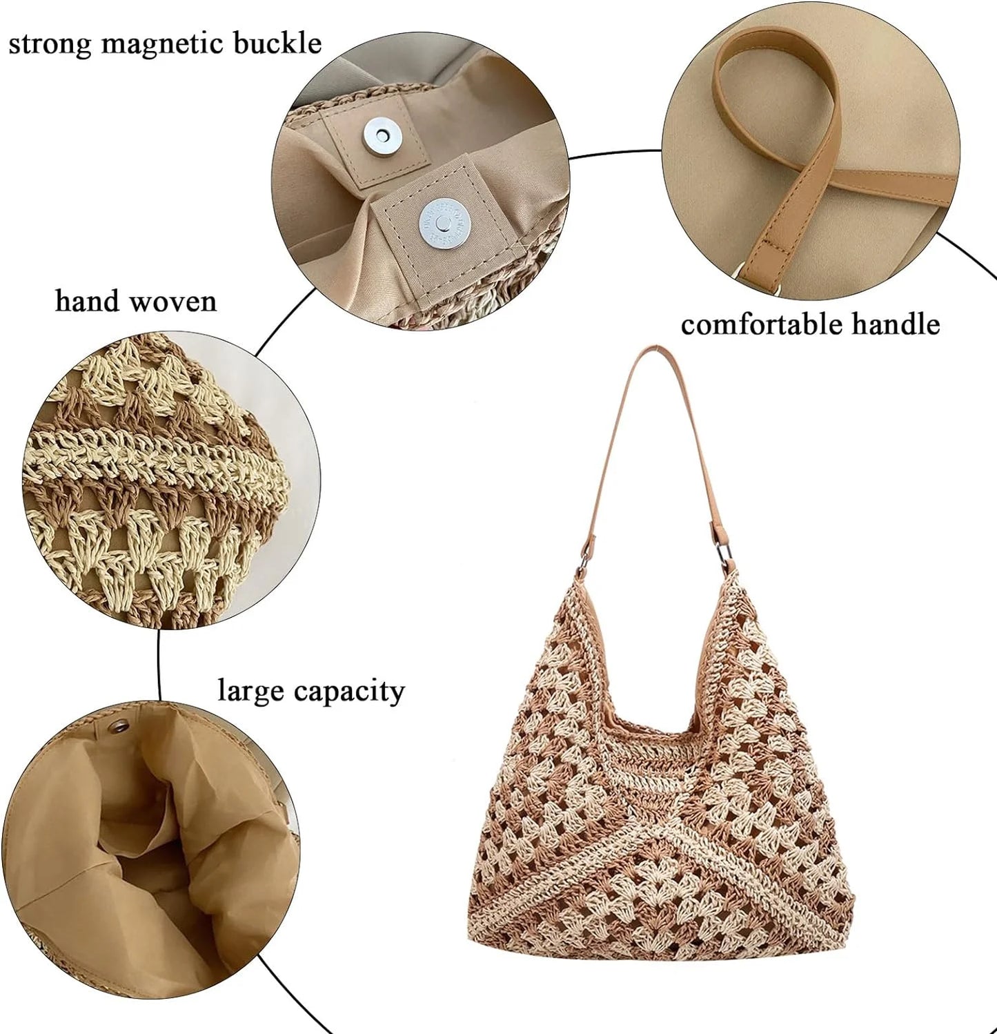 Straw Bags for Women, Summer Straw Purse Crochet Beach Bag Tote Bag Trendy Straw Shoulder Handbags