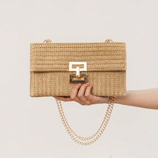 Bag Women'S Vacation Style Multi-Compartment Chain Flap Screw Lock Straw Bag