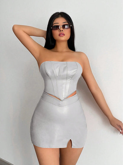 SXY Solid PU Leather Tube Top & Split Hem Skirt