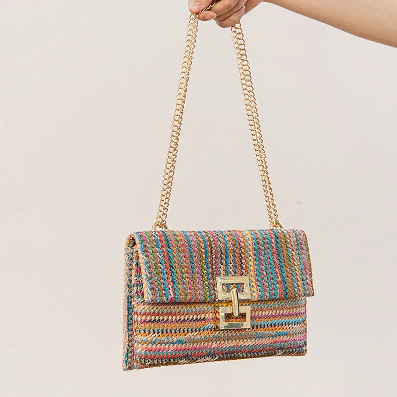 Bag Women'S Vacation Style Multi-Compartment Chain Flap Screw Lock Straw Bag