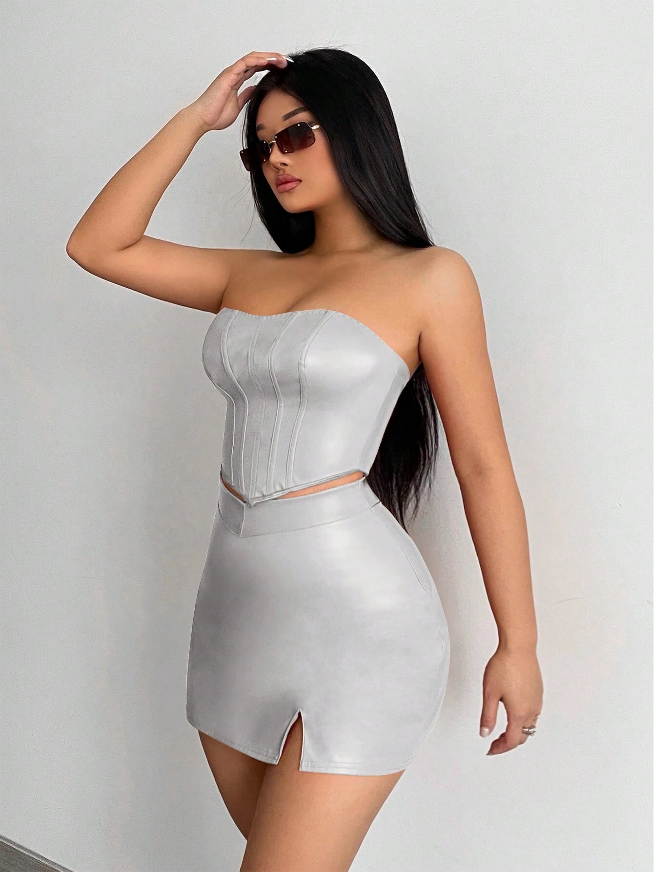 SXY Solid PU Leather Tube Top & Split Hem Skirt