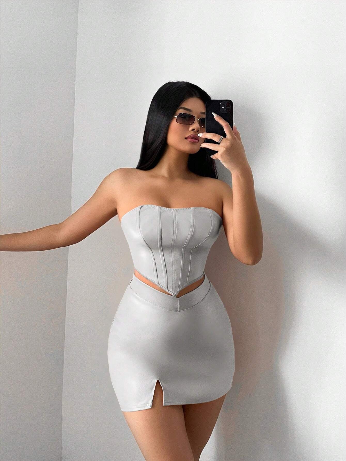 SXY Solid PU Leather Tube Top & Split Hem Skirt