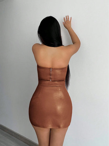 SXY Solid PU Leather Tube Top & Split Hem Skirt