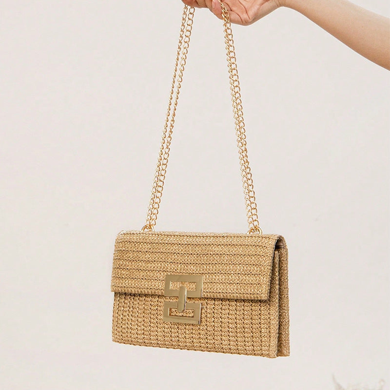 Bag Women'S Vacation Style Multi-Compartment Chain Flap Screw Lock Straw Bag