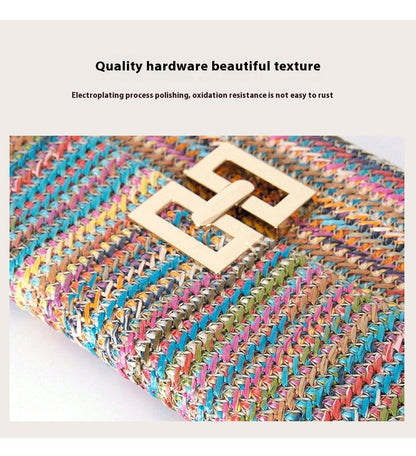 Bag Women'S Vacation Style Multi-Compartment Chain Flap Screw Lock Straw Bag