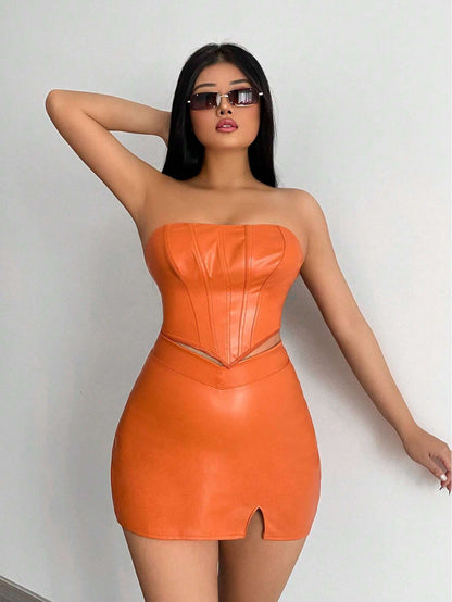 SXY Solid PU Leather Tube Top & Split Hem Skirt