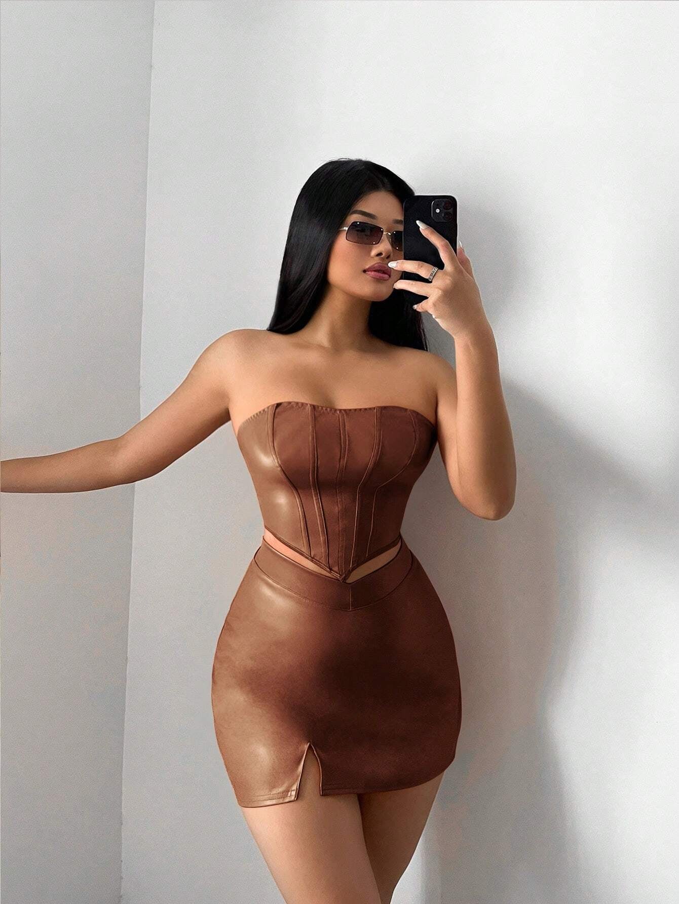 SXY Solid PU Leather Tube Top & Split Hem Skirt