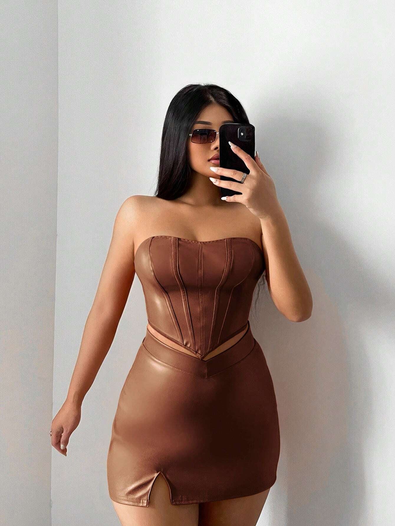 SXY Solid PU Leather Tube Top & Split Hem Skirt
