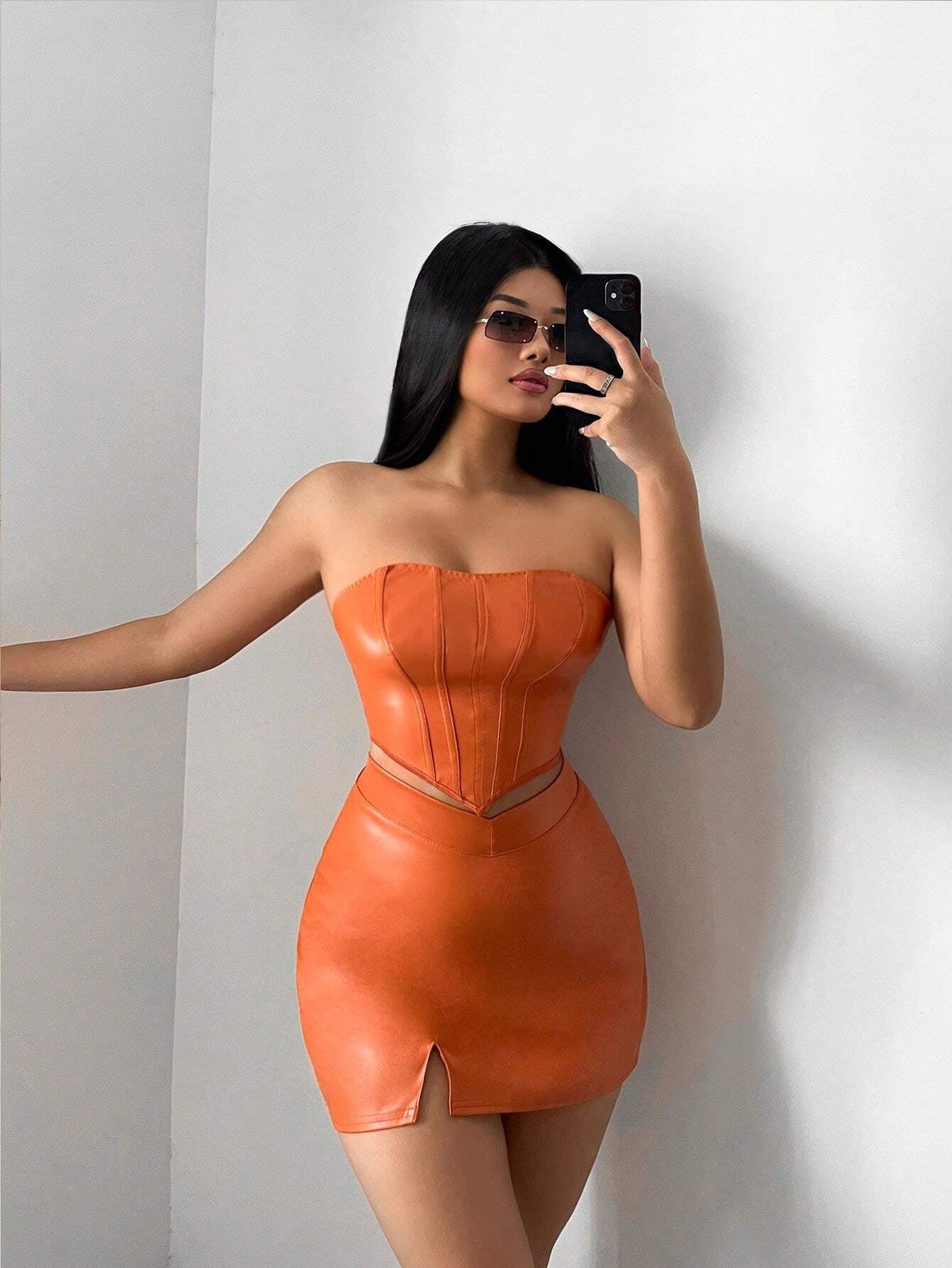 SXY Solid PU Leather Tube Top & Split Hem Skirt