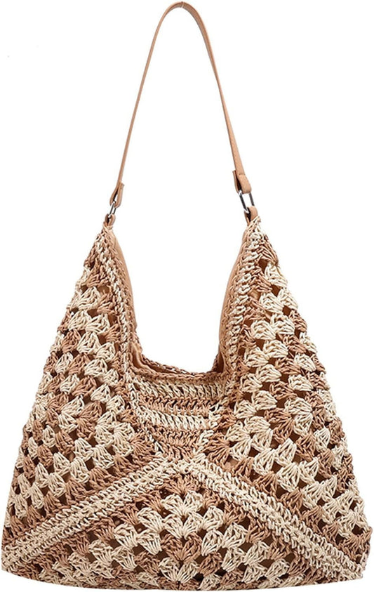 Straw Bags for Women, Summer Straw Purse Crochet Beach Bag Tote Bag Trendy Straw Shoulder Handbags