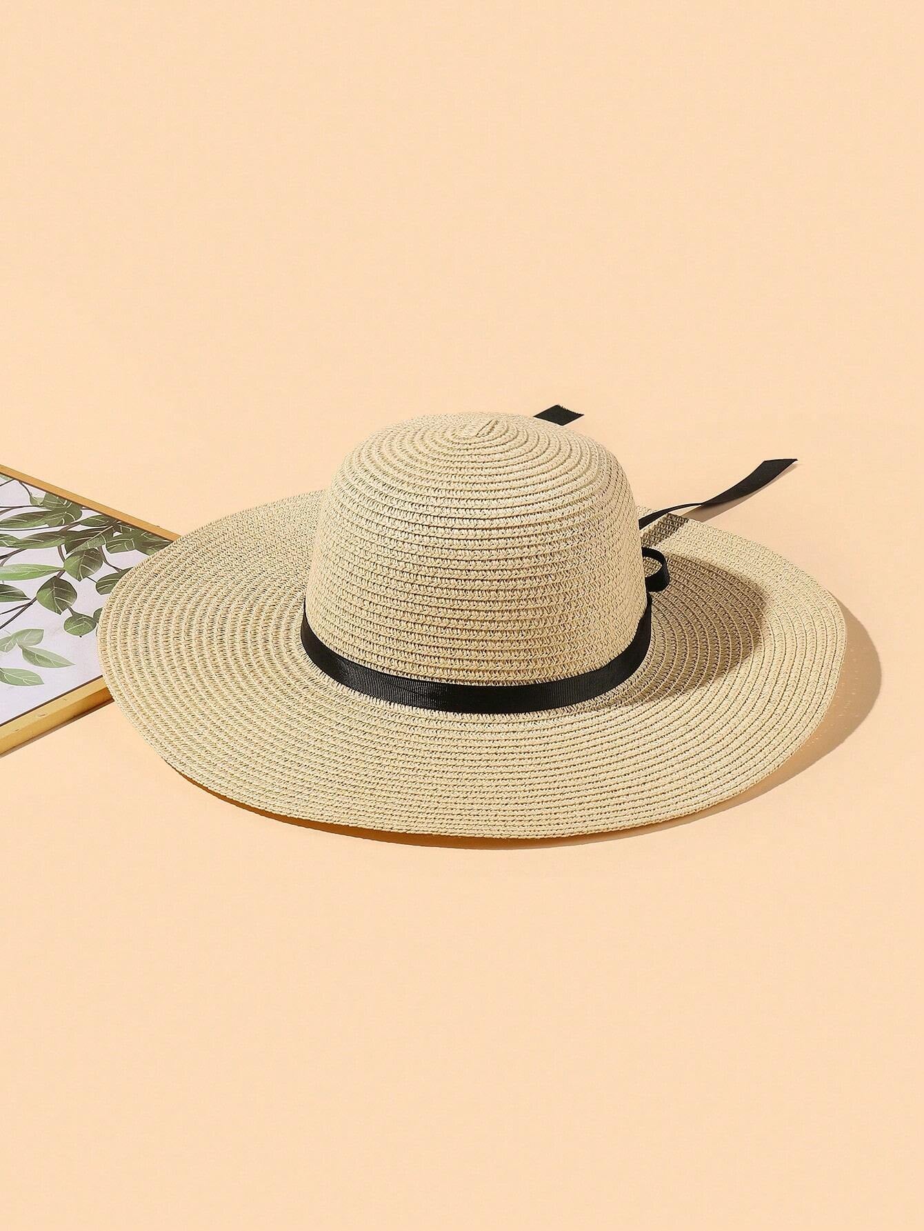 Boho Women'S Black Ribbon Straw Hat, Suitable for Vacation and Travel Outfits