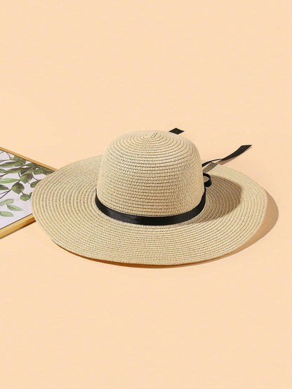 Boho Women'S Black Ribbon Straw Hat, Suitable for Vacation and Travel Outfits