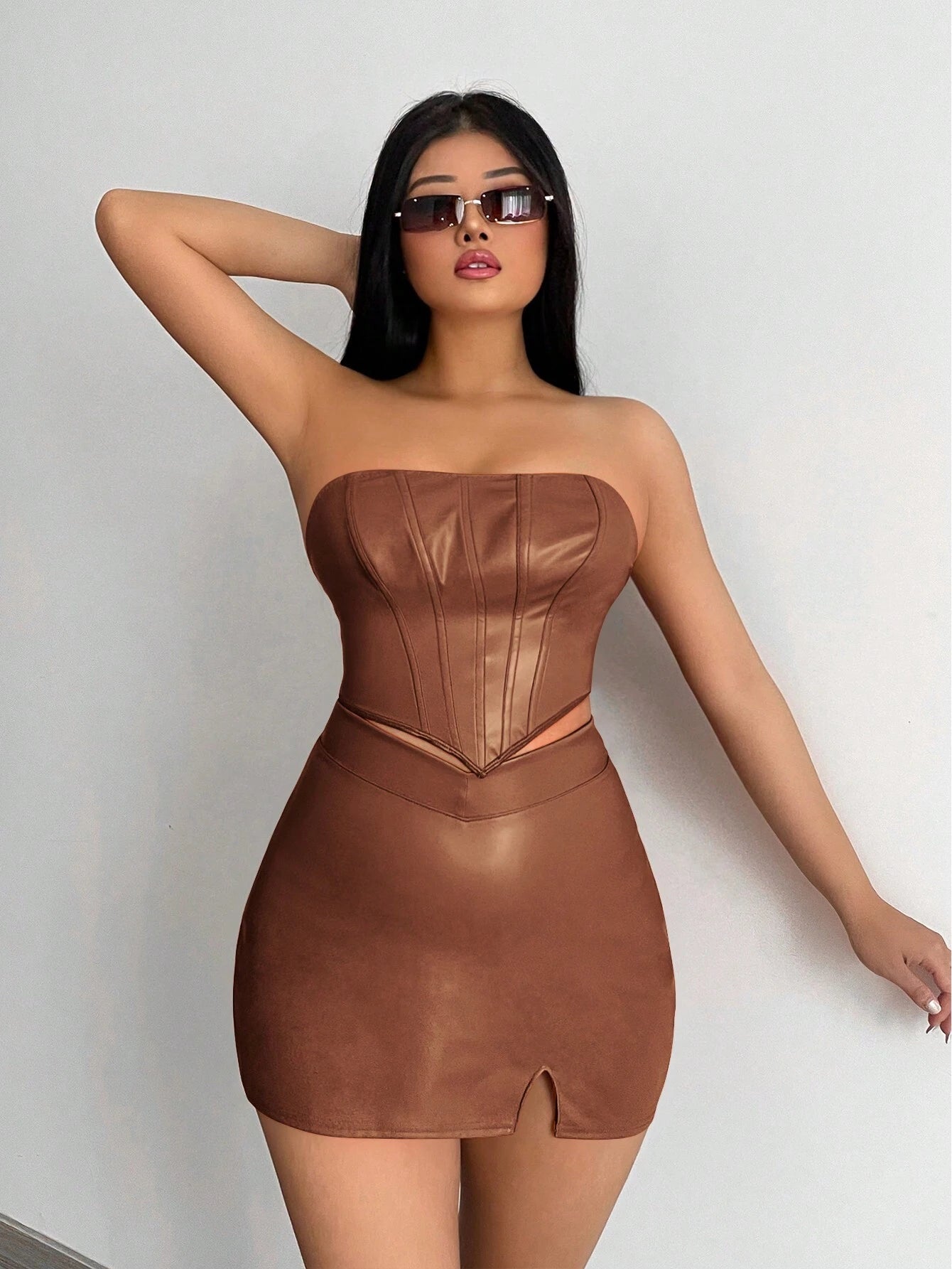SXY Solid PU Leather Tube Top & Split Hem Skirt
